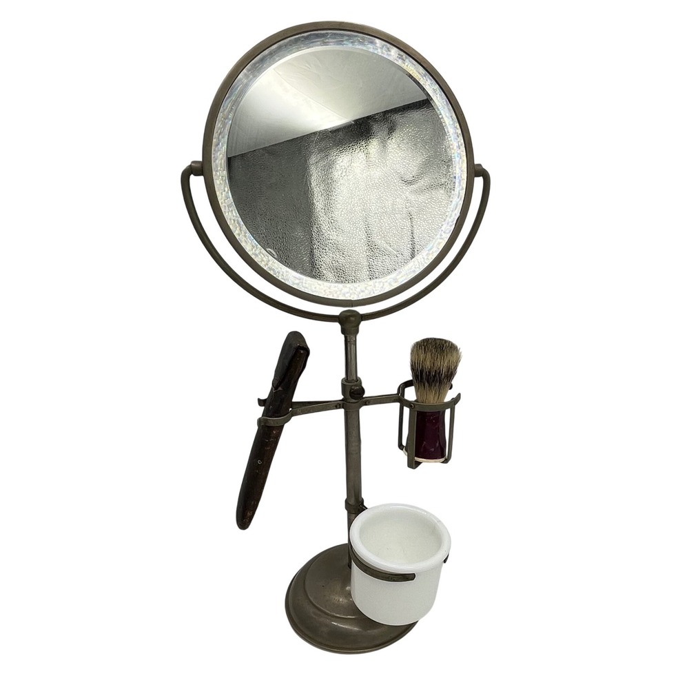 Antique Edwardian‎ Telescoping Brass Shaving Stand Mirror Brush Cup Razor